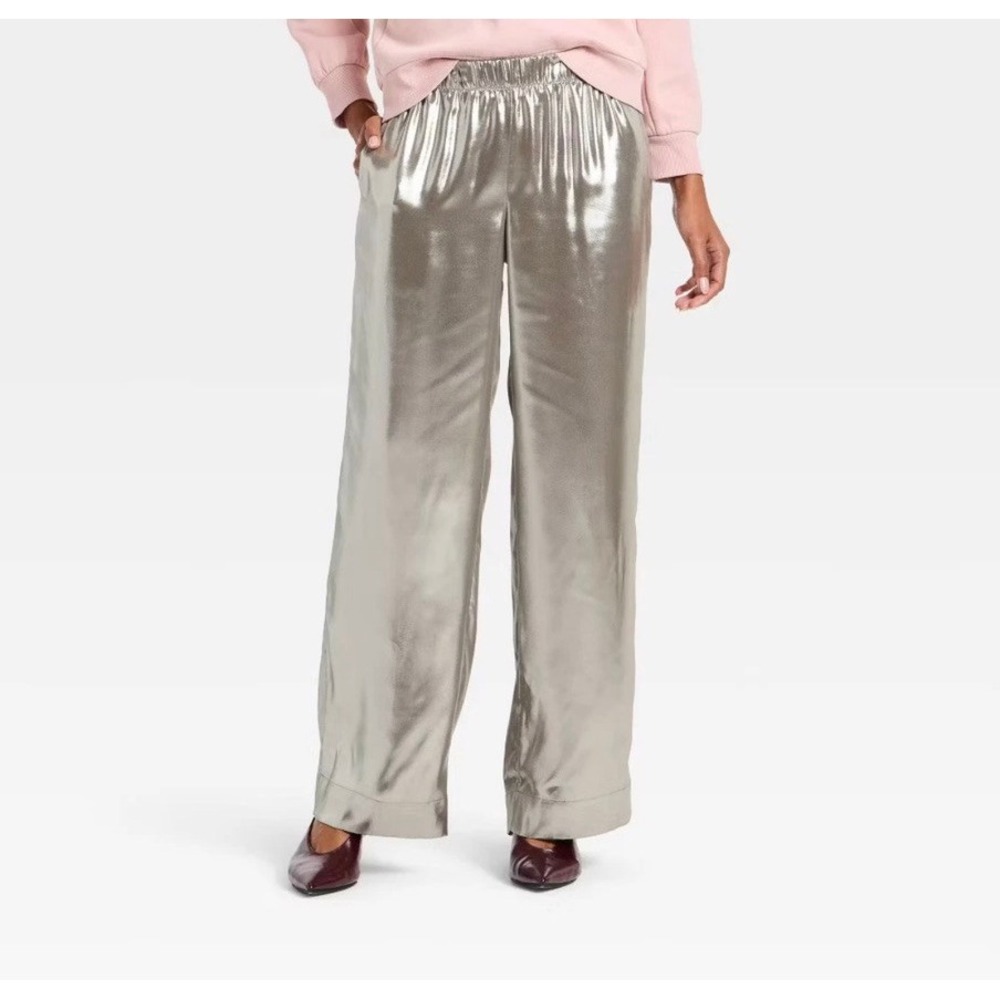 A New Day Metallic Silver Foil Wide Leg Pants Extra Small Disco Glam Trousers